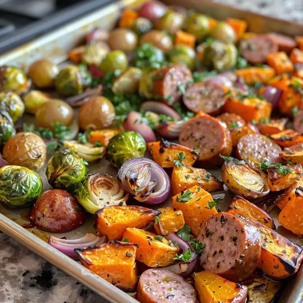 ['Close-up view of a colorful autumn sausage and veggie sheet pan dinner with apples.', 'Side view of a vibrant sheet pan meal featuring sausage, sweet potatoes, brussels sprouts, and apples.', 'Juicy slices of turkey sausage surrounded by roasted vegetables and apples on a baking sheet.', 'A delicious array of autumn ingredients including sausage, sweet potatoes, and halved brussels sprouts.']