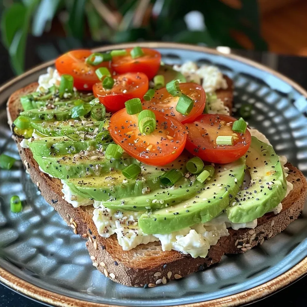 ['A close-up of two slices of sourdough bread topped with avocado and cottage cheese, garnished with cherry tomatoes and chives.', 'Side view of a delicious avocado cottage cheese toast with seasoning, cherry tomatoes, and green onions on crusty bread.', 'A vibrant plate featuring avocado and cottage cheese spread on toasted sourdough, decorated with fresh vegetables and herbs.', 'A close view of a toast showcasing creamy cottage cheese and avocado, sprinkled with seasoning and topped with sliced tomatoes.']