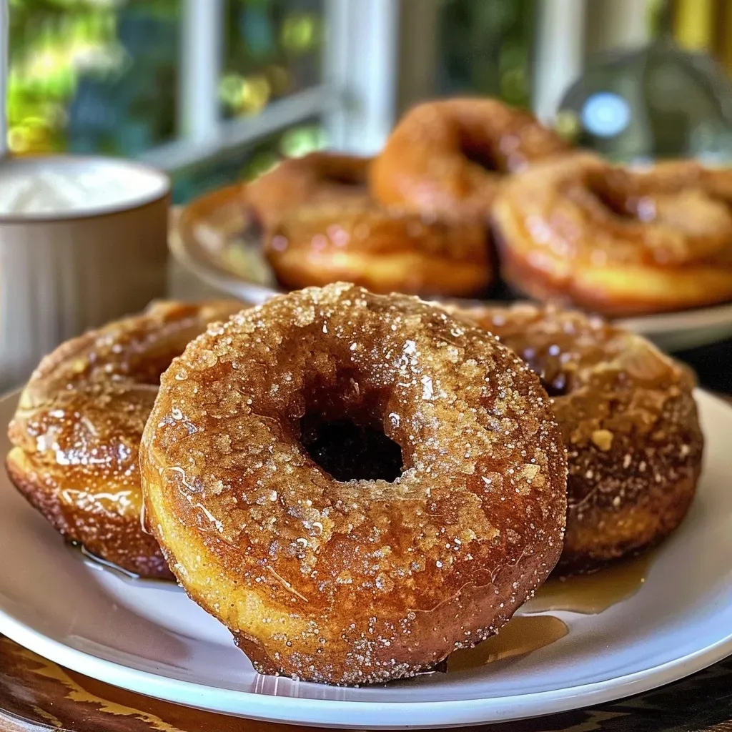 ['Close-up side view of golden brown baked apple cider donuts, lightly dusted with cinnamon sugar.', 'Juicy baked apple cider donuts with a soft texture and warm spices, displayed in a rustic setting.', 'Freshly baked apple cider donuts arranged on a plate, showcasing their fluffy interior and shiny glaze.', 'Delicious apple cider donuts with a crispy exterior and warm, spiced aroma, captured in a close-up photo.']