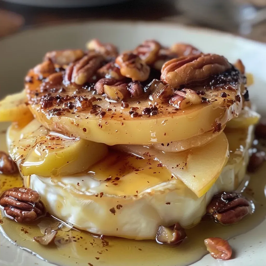 ['Close-up of baked Brie topped with sliced apples, honey, and nuts.', 'Side view of a melty baked Brie with apples and nuts drizzled with honey.', 'Delicious baked Brie garnished with thick apple slices and chopped nuts.', 'A wheel of baked Brie surrounded by fresh apples and nuts, glistening with honey.']
