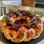 ['Close-up view of a Baked Brie Wreath topped with cranberry sauce and rosemary sprigs.', 'Side view of a golden Baked Brie shaped like a wreath, garnished with bright cranberry and orange zest.', 'Juicy Baked Brie Wreath surrounded by fresh rosemary and cranberry-orange toppings.', 'Artistic presentation of a Baked Brie Wreath, decorated with vibrant cranberry sauce and orange zest.']