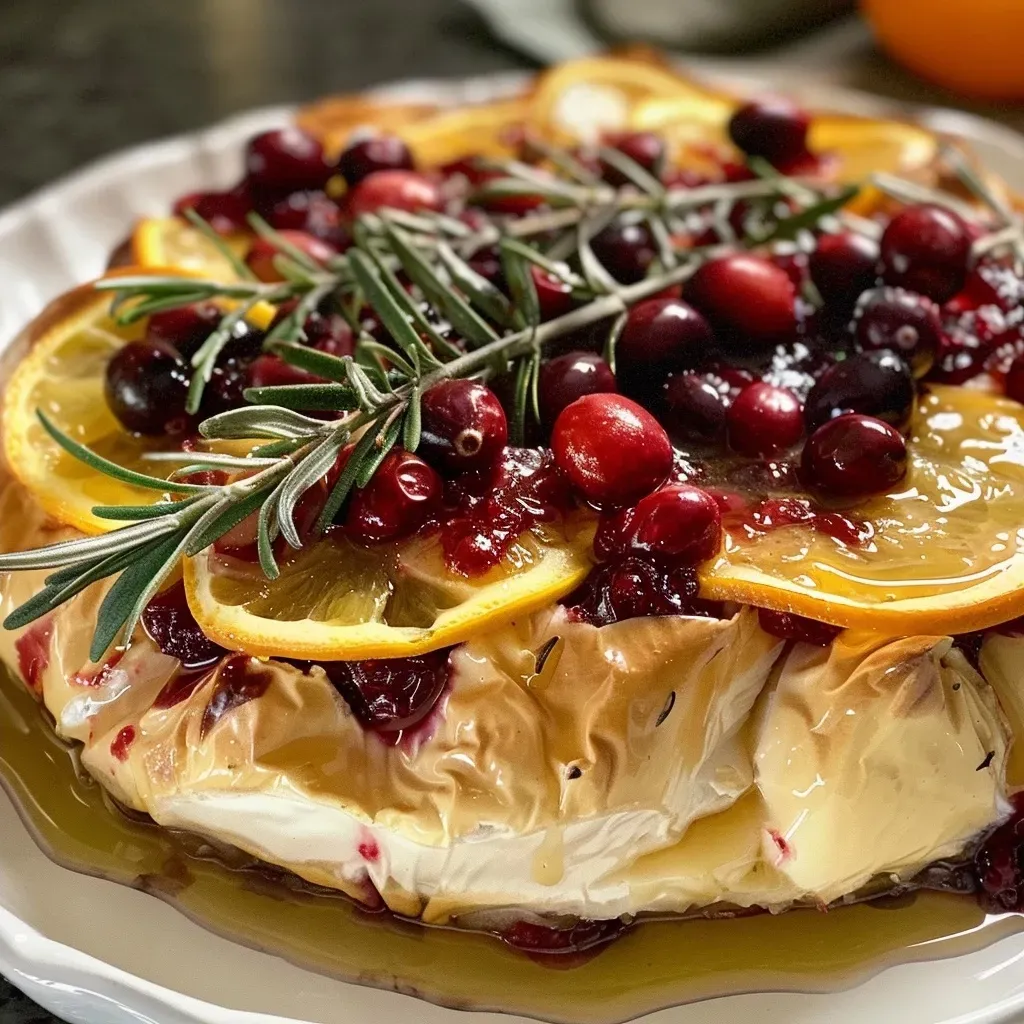['Close-up view of a Baked Brie Wreath topped with cranberry sauce and rosemary sprigs.', 'Side view of a golden Baked Brie shaped like a wreath, garnished with bright cranberry and orange zest.', 'Juicy Baked Brie Wreath surrounded by fresh rosemary and cranberry-orange toppings.', 'Artistic presentation of a Baked Brie Wreath, decorated with vibrant cranberry sauce and orange zest.']