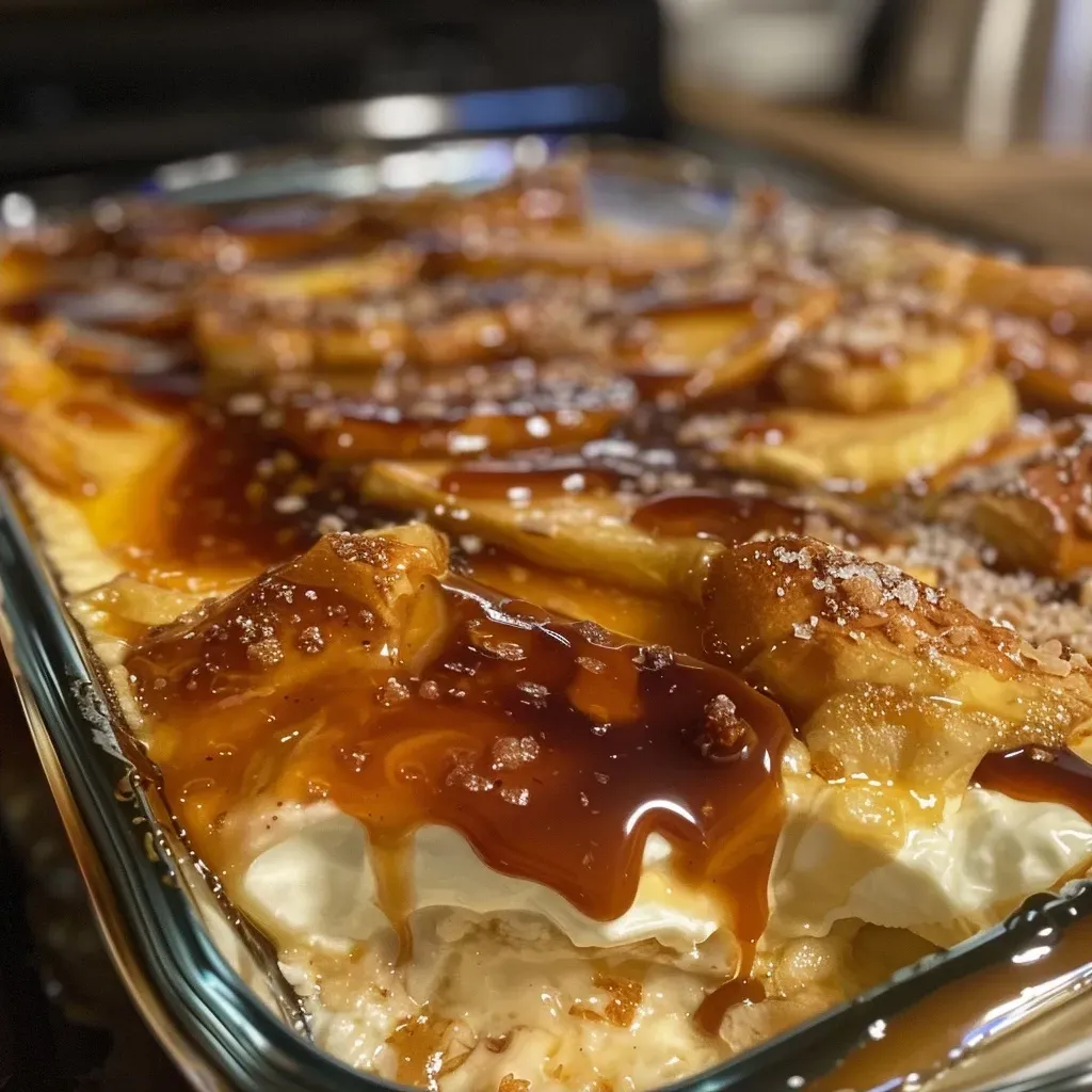 ['Close-up image of creamy Baked Caramel Apple Cheesecake Dip with caramel drizzle.', 'Side view of a delectable Baked Caramel Apple Cheesecake Dip topped with caramel.', 'Close-up of Baked Caramel Apple Cheesecake Dip in a bowl, featuring apple pie filling.', 'Rich and creamy cheesecake dip with caramel and apple topping in a serving dish.']