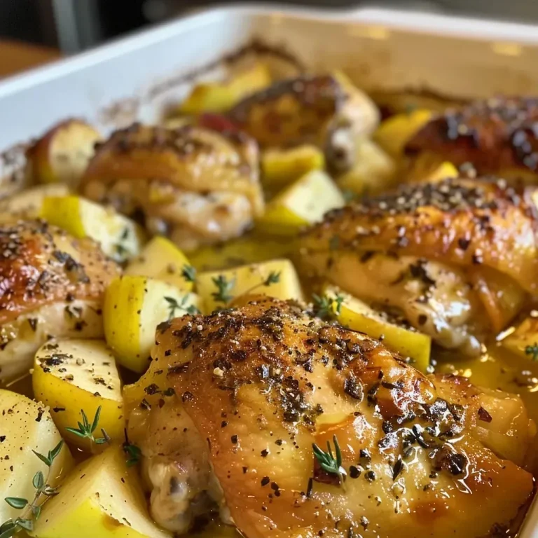 ['Close-up view of a baked chicken thigh with apples and herbs.', 'Juicy baked chicken with sliced apples in a savory sauce.', 'Golden-brown baked chicken thighs surrounded by apple slices.', 'Appetizing plate featuring baked chicken and fresh apple slices.']