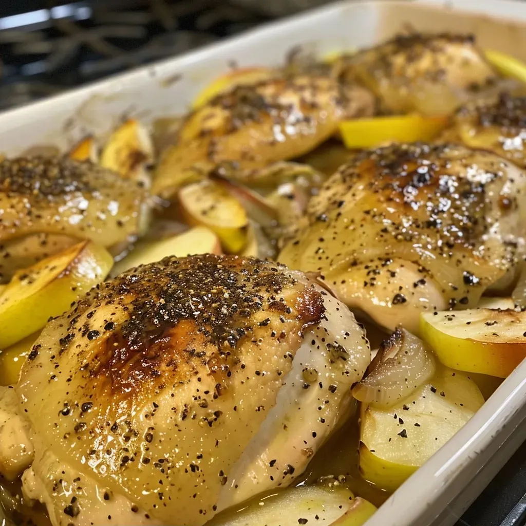 ['Close-up view of a baked chicken thigh with apples and herbs.', 'Juicy baked chicken with sliced apples in a savory sauce.', 'Golden-brown baked chicken thighs surrounded by apple slices.', 'Appetizing plate featuring baked chicken and fresh apple slices.']