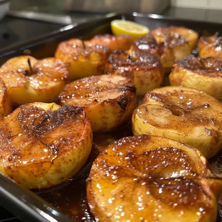 ['Close-up view of baked cinnamon and sugar apples, showcasing their golden-brown color and gooey texture.', 'Side angle of juicy, caramelized apples sprinkled with cinnamon and sugar, served in a dish.', 'Delicious baked apples glistening with a buttery cinnamon-sugar mixture, captured in a close-up shot.', 'Tasty baked apples arranged neatly, highlighting the warm, soft interior and sweet glaze.']