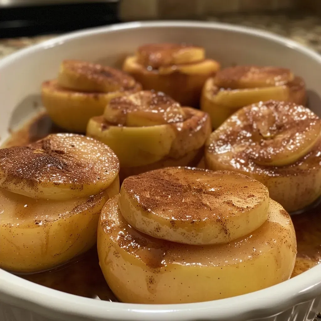['Close-up view of baked cinnamon and sugar apples, showcasing their golden-brown color and gooey texture.', 'Side angle of juicy, caramelized apples sprinkled with cinnamon and sugar, served in a dish.', 'Delicious baked apples glistening with a buttery cinnamon-sugar mixture, captured in a close-up shot.', 'Tasty baked apples arranged neatly, highlighting the warm, soft interior and sweet glaze.']