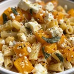 ['Plate of Baked Feta and Butternut Squash Pasta with sage and garlic, featuring a creamy texture.', 'Close-up view of delicious pasta topped with melted feta cheese and roasted butternut squash.', 'Side view of a serving of Baked Feta and Butternut Squash Pasta, garnished with fresh sage.', 'Juicy and colorful pasta dish with chunks of butternut squash and crumbled feta cheese.']
