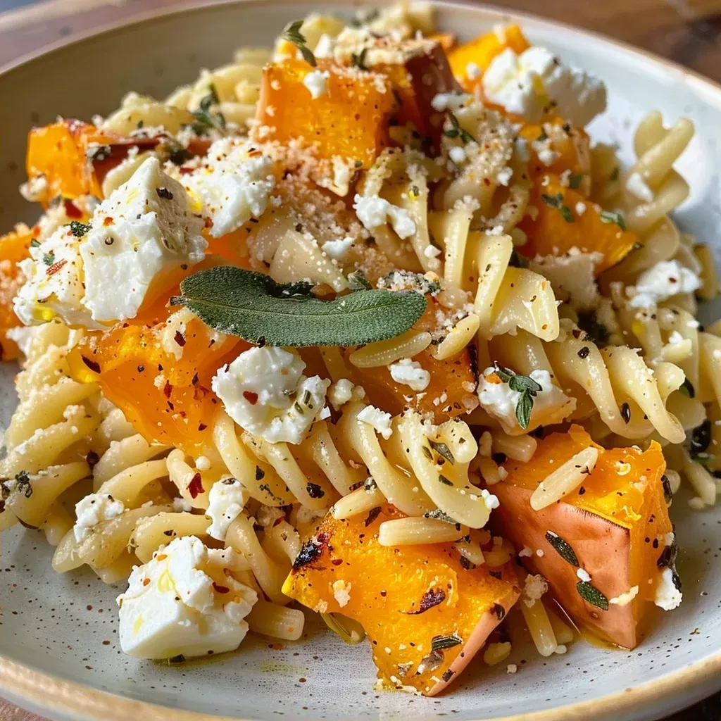 ['Plate of Baked Feta and Butternut Squash Pasta with sage and garlic, featuring a creamy texture.', 'Close-up view of delicious pasta topped with melted feta cheese and roasted butternut squash.', 'Side view of a serving of Baked Feta and Butternut Squash Pasta, garnished with fresh sage.', 'Juicy and colorful pasta dish with chunks of butternut squash and crumbled feta cheese.']