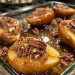 ['Close-up view of baked maple pecan pears with golden brown tops.', 'Halved Bosc pears topped with a crunchy pecan and oat mixture.', 'Juicy baked pears drizzled with maple syrup and garnished with pecans.', 'Side view of warm baked pears, showcasing their caramelized surface.']