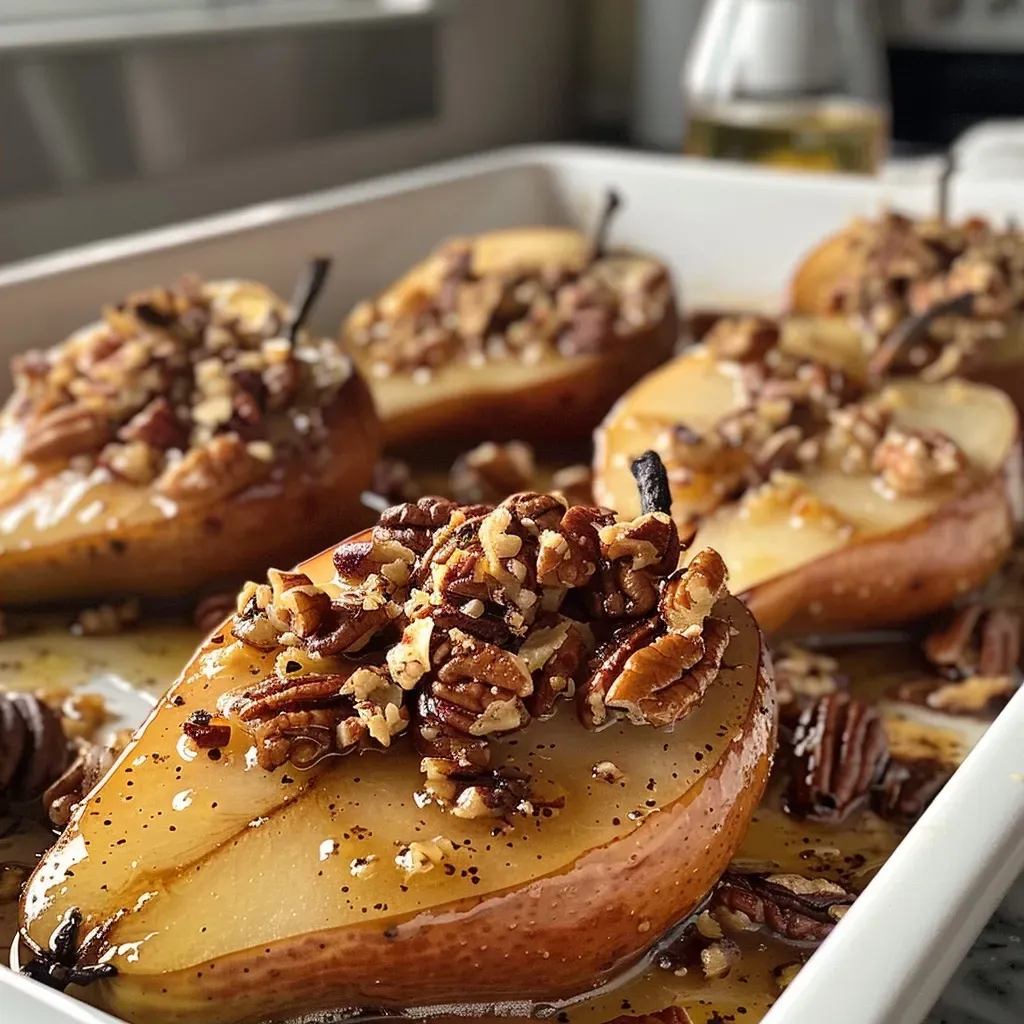 ['Close-up view of baked maple pecan pears with golden brown tops.', 'Halved Bosc pears topped with a crunchy pecan and oat mixture.', 'Juicy baked pears drizzled with maple syrup and garnished with pecans.', 'Side view of warm baked pears, showcasing their caramelized surface.']