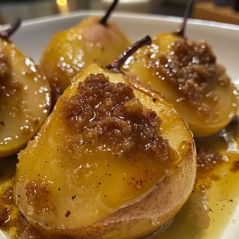 ['Close-up view of baked pears glazed with brown sugar and butter.', 'Side view of juicy baked pears with a shiny caramelized coating.', 'Deliciously baked pears topped with melted butter and brown sugar.', 'Warm baked pears arranged on a plate, glistening with syrup.']