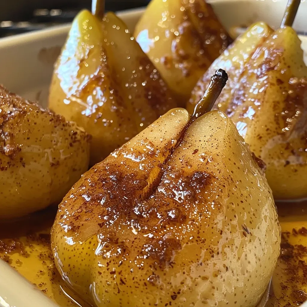 ['Close-up view of baked pears glazed with brown sugar and butter.', 'Side view of juicy baked pears with a shiny caramelized coating.', 'Deliciously baked pears topped with melted butter and brown sugar.', 'Warm baked pears arranged on a plate, glistening with syrup.']