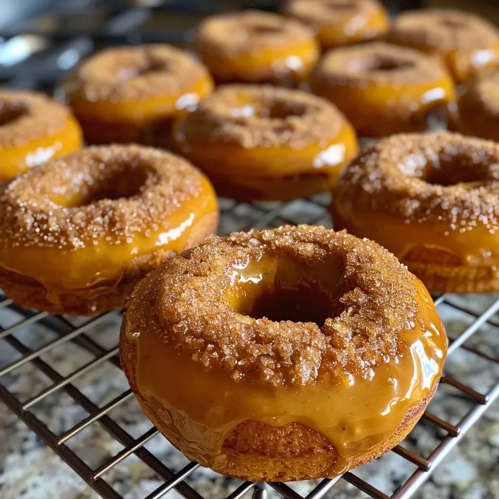 ['Close-up of baked pumpkin donuts with a glossy maple glaze, showcasing their texture.', 'Side view of juicy baked pumpkin donuts drizzled with maple glaze, highlighting their round shape.', 'Delicious baked pumpkin donuts topped with a shiny maple glaze, emphasizing their orange color.', 'A tempting view of pumpkin donuts with a sweet maple glaze, focusing on their moist appearance.']