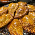 ['Close-up view of baked pumpkin empanadas with golden-brown crust.', 'Juicy baked pumpkin empanadas arranged on a plate, showcasing a crispy exterior.', 'Side angle of freshly baked pumpkin empanadas, highlighting their flaky texture.', 'Delicious pumpkin-filled empanadas with a rich golden color, ready to serve.']