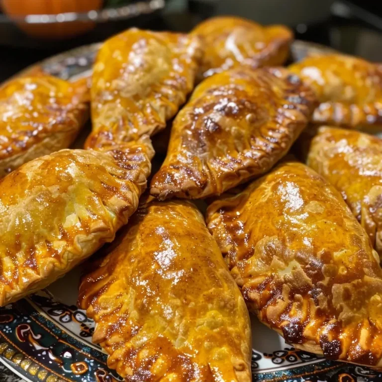 ['Close-up view of baked pumpkin empanadas with golden-brown crust.', 'Juicy baked pumpkin empanadas arranged on a plate, showcasing a crispy exterior.', 'Side angle of freshly baked pumpkin empanadas, highlighting their flaky texture.', 'Delicious pumpkin-filled empanadas with a rich golden color, ready to serve.']