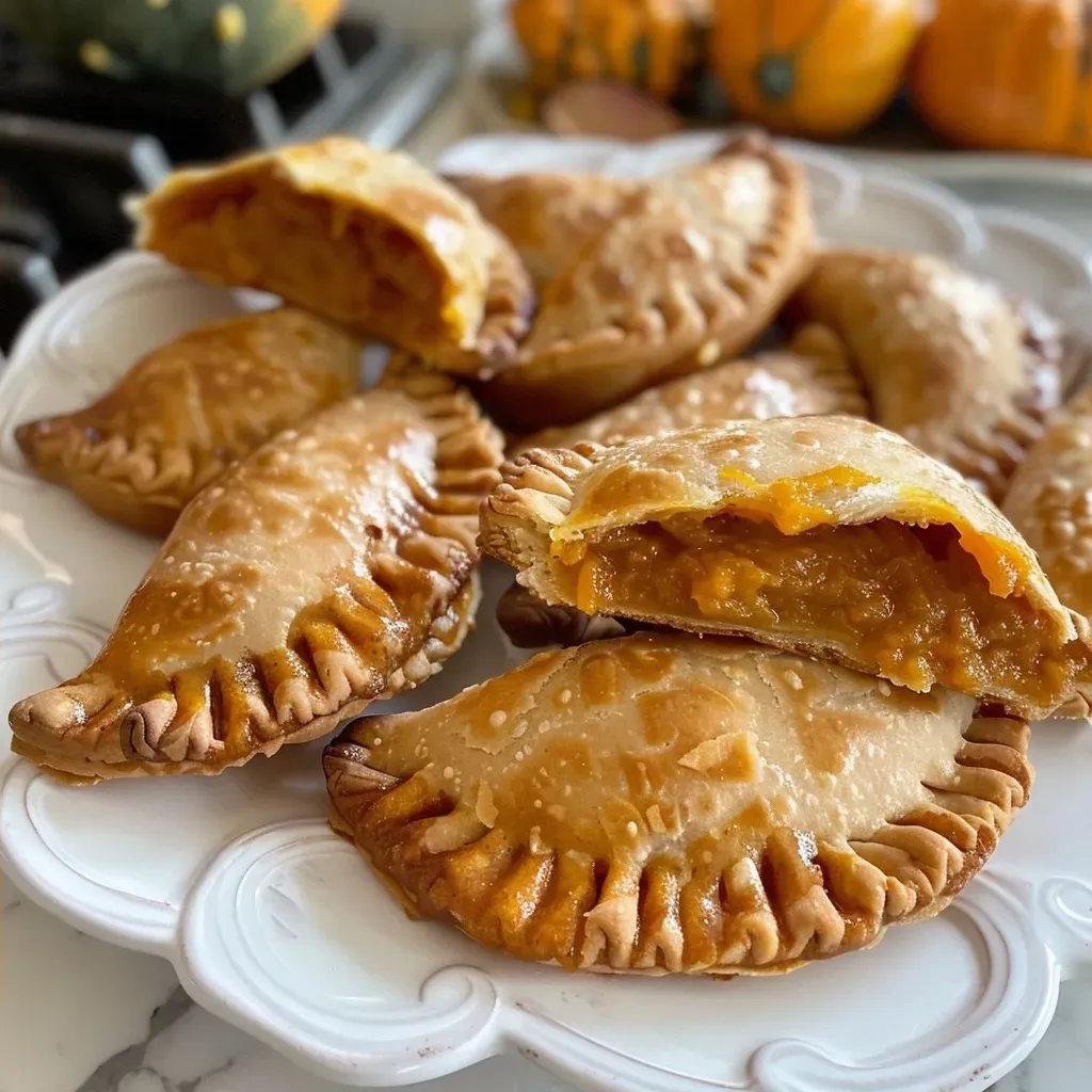 ['Close-up view of baked pumpkin empanadas with golden-brown crust.', 'Juicy baked pumpkin empanadas arranged on a plate, showcasing a crispy exterior.', 'Side angle of freshly baked pumpkin empanadas, highlighting their flaky texture.', 'Delicious pumpkin-filled empanadas with a rich golden color, ready to serve.']