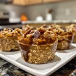 ['Close-up view of baked pumpkin oatmeal cups with golden-brown tops.', 'Side view of pumpkin oatmeal muffins showcasing a moist and fluffy texture.', 'A delicious baked pumpkin oatmeal cup with visible pumpkin puree and spices.', 'Warm pumpkin oatmeal muffins presented on a simple plate, highlighting their rich color.']