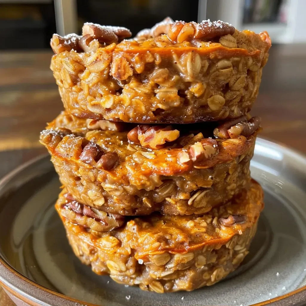 ['Close-up view of baked pumpkin oatmeal cups with golden-brown tops.', 'Side view of pumpkin oatmeal muffins showcasing a moist and fluffy texture.', 'A delicious baked pumpkin oatmeal cup with visible pumpkin puree and spices.', 'Warm pumpkin oatmeal muffins presented on a simple plate, highlighting their rich color.']