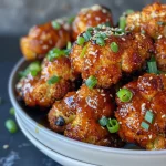 ['Close-up view of golden Baked Sesame Cauliflower Wings garnished with sesame seeds and scallions.', 'Side view of crispy Baked Sesame Cauliflower Wings on a plate, drizzled with sauce.', 'Platter of succulent Baked Sesame Cauliflower Wings, showcasing their crispy texture and garnishes.', 'Juicy Baked Sesame Cauliflower Wings displayed with a dip, highlighting their savory shine.']