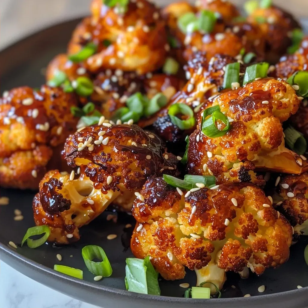 ['Close-up view of golden Baked Sesame Cauliflower Wings garnished with sesame seeds and scallions.', 'Side view of crispy Baked Sesame Cauliflower Wings on a plate, drizzled with sauce.', 'Platter of succulent Baked Sesame Cauliflower Wings, showcasing their crispy texture and garnishes.', 'Juicy Baked Sesame Cauliflower Wings displayed with a dip, highlighting their savory shine.']