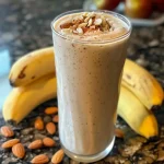 ['Close-up view of a creamy banana almond smoothie in a glass, garnished with almond slices.', 'Side view of a delicious banana almond smoothie with a straw, showcasing its thick texture.', 'Refreshing banana almond smoothie in a transparent glass on a wooden table, highlighting its ingredients.', 'A vibrant banana almond smoothie with visible banana pieces and a sprinkle of cinnamon on top.']