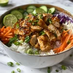 ['Close-up view of a Bang Bang Chicken Rice Bowl featuring chicken, rice, and colorful vegetables.', 'Side view of a delicious Bang Bang Chicken Rice Bowl with chicken chunks, sliced vegetables, and garnishes.', 'Juicy Bang Bang Chicken Rice Bowl displayed with cooked rice and vibrant toppings in a bowl.', 'A tempting Bang Bang Chicken Rice Bowl showcasing chicken, cabbage, cucumber, and a creamy sauce.']