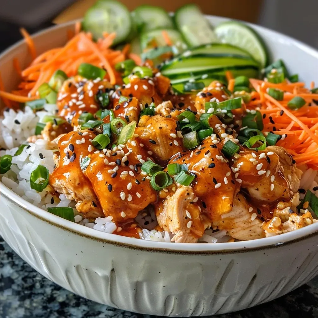 ['Close-up view of a Bang Bang Chicken Rice Bowl featuring chicken, rice, and colorful vegetables.', 'Side view of a delicious Bang Bang Chicken Rice Bowl with chicken chunks, sliced vegetables, and garnishes.', 'Juicy Bang Bang Chicken Rice Bowl displayed with cooked rice and vibrant toppings in a bowl.', 'A tempting Bang Bang Chicken Rice Bowl showcasing chicken, cabbage, cucumber, and a creamy sauce.']