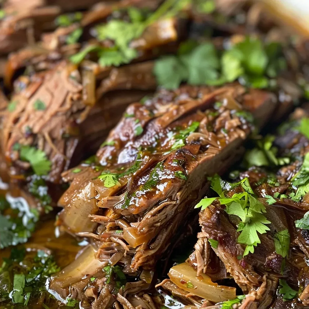 ['Close-up of juicy Beef Barbacoa in a bowl, garnished with cilantro.', 'Side view of tender Beef Barbacoa, showcasing its rich color and texture.', 'Detailed image of slow-cooked Beef Barbacoa with lime wedges and cilantro.', 'Appetizing display of Beef Barbacoa served in a rustic bowl.']
