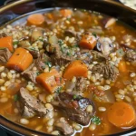 ['Close-up view of a bowl of Beef Barley Soup with visible chunks of beef and vegetables.', 'Side angle photo of steaming Beef Barley Soup in a rustic bowl, showing barley and herbs.', 'A vibrant bowl of Beef Barley Soup, highlighting tender beef, mushrooms, and barley grains.', 'Detailed image of Beef Barley Soup featuring diced vegetables and a rich broth.']