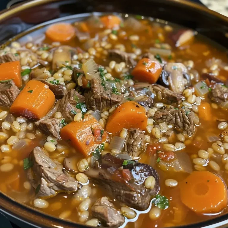 ['Close-up view of a bowl of Beef Barley Soup with visible chunks of beef and vegetables.', 'Side angle photo of steaming Beef Barley Soup in a rustic bowl, showing barley and herbs.', 'A vibrant bowl of Beef Barley Soup, highlighting tender beef, mushrooms, and barley grains.', 'Detailed image of Beef Barley Soup featuring diced vegetables and a rich broth.']