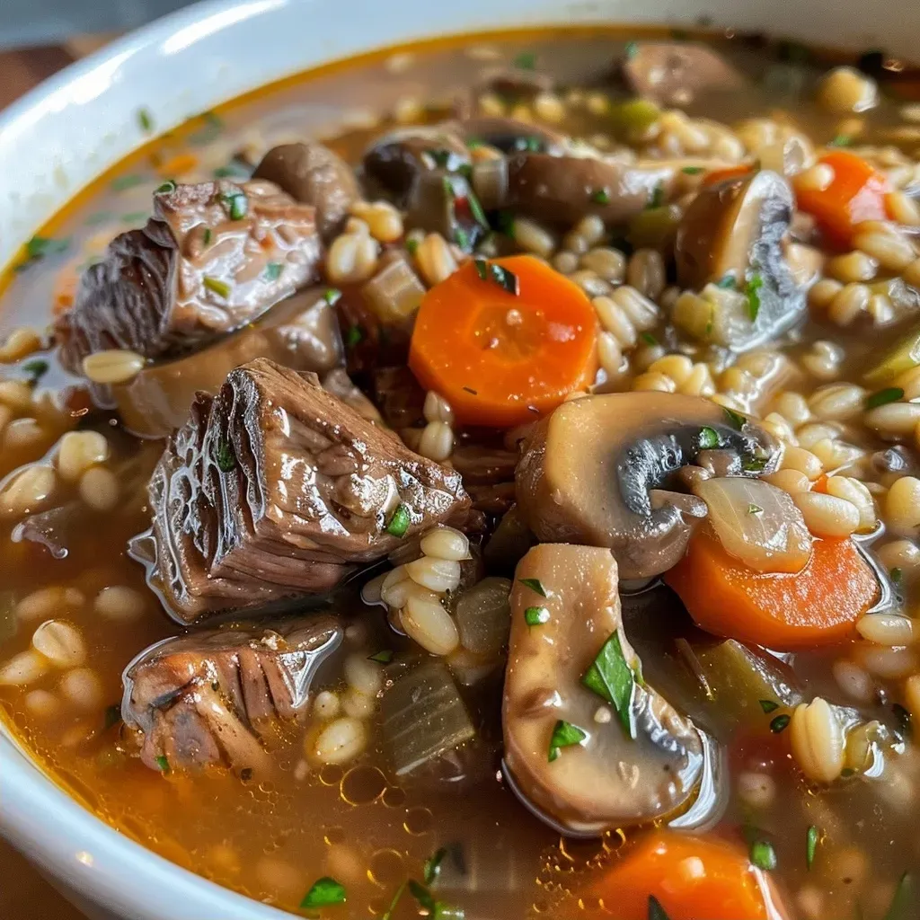 ['Close-up view of a bowl of Beef Barley Soup with visible chunks of beef and vegetables.', 'Side angle photo of steaming Beef Barley Soup in a rustic bowl, showing barley and herbs.', 'A vibrant bowl of Beef Barley Soup, highlighting tender beef, mushrooms, and barley grains.', 'Detailed image of Beef Barley Soup featuring diced vegetables and a rich broth.']