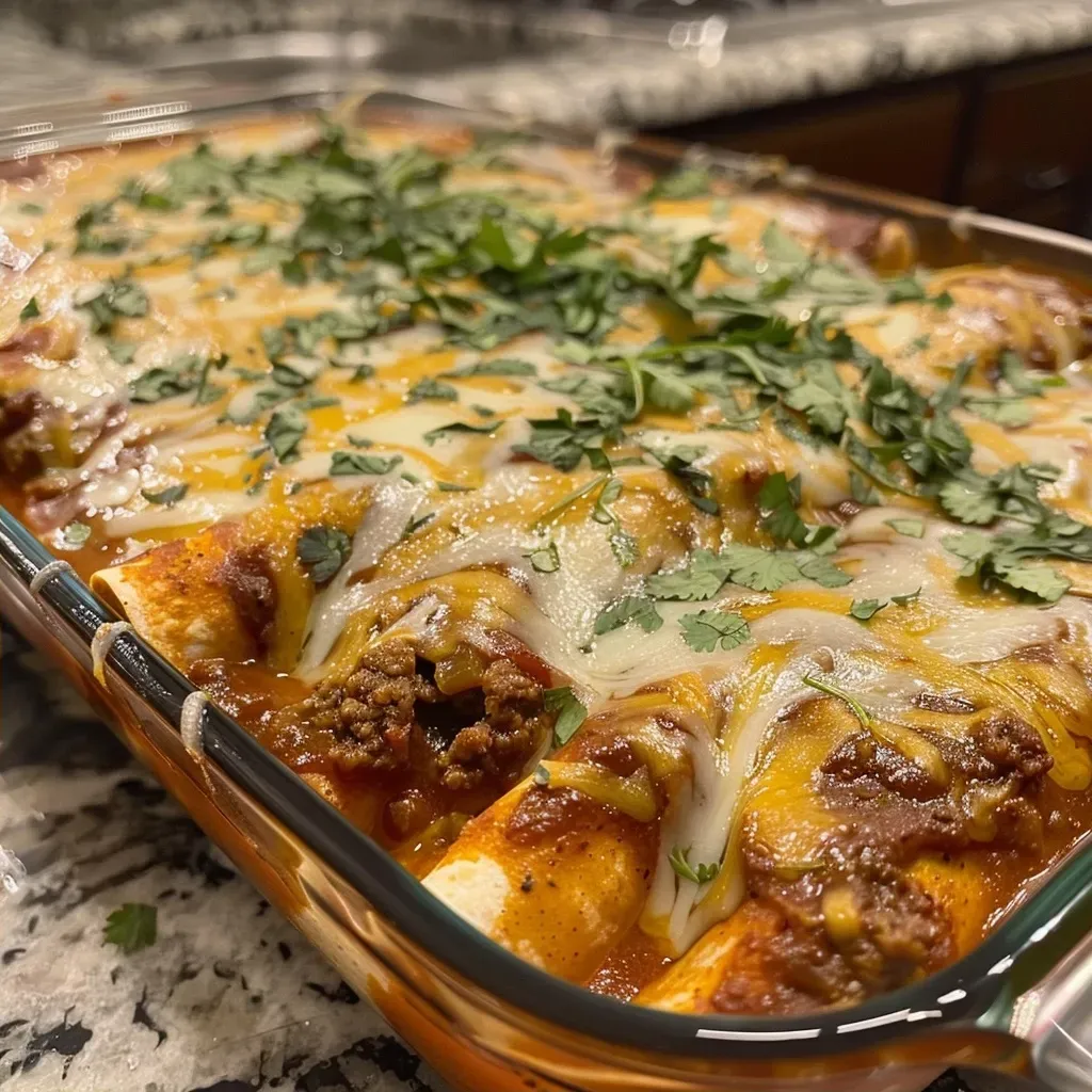 ['A close-up side view of a juicy Beef Enchilada Casserole topped with melted cheese.', 'A delicious plate of Beef Enchilada Casserole with layers of beef, cheese, and tortillas visible.', 'A mouthwatering Beef Enchilada Casserole showcasing the vibrant colors of beef, cheese, and toppings.', 'Side view of a Beef Enchilada Casserole, with a rich filling and gooey cheese melty on top.']