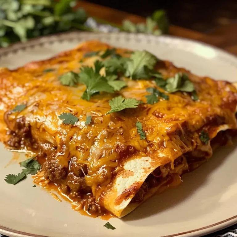 ['Close-up view of juicy beef enchiladas topped with melted cheese and garnished with cilantro.', 'Mouthwatering beef enchiladas with a side view showcasing the layers of ingredients and red sauce.', 'Detailed shot of beef enchiladas on a plate, highlighting the rich sauce and colorful toppings.', 'Side view of a serving of beef enchiladas, featuring ground beef, cheese, and red enchilada sauce.']