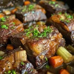 ['Close-up view of juicy beer braised short ribs on a plate.', 'Side view of tender beer braised short ribs with garnishes.', 'Detailed photo of succulent beef short ribs, glistening in sauce.', 'Appetizing shot of beer braised short ribs with vegetables.']