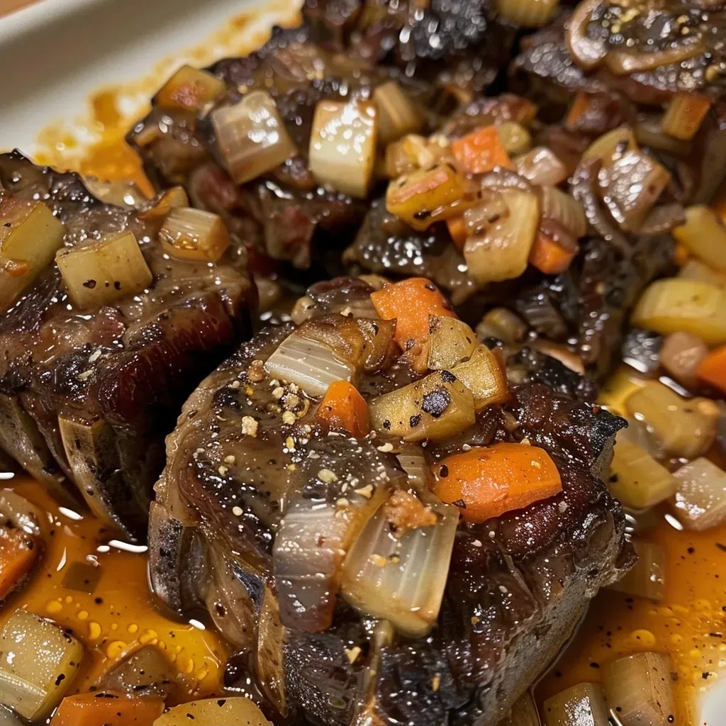 ['Close-up view of juicy beer braised short ribs on a plate.', 'Side view of tender beer braised short ribs with garnishes.', 'Detailed photo of succulent beef short ribs, glistening in sauce.', 'Appetizing shot of beer braised short ribs with vegetables.']