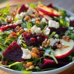 ['A close-up view of a vibrant Beet and Goat Cheese Arugula Salad garnished with walnuts and cranberries.', 'A colorful salad featuring arugula, goat cheese, beets, apples, walnuts, and cranberries.', 'A side view of a fresh salad composed of arugula, roasted beets, goat cheese, and topped with nuts and cranberries.', 'A detailed shot of a Beet and Goat Cheese Arugula Salad showcasing its rich colors and varied textures.']