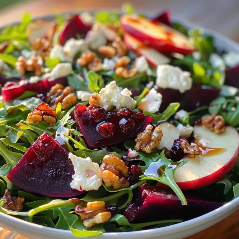 ['A close-up view of a vibrant Beet and Goat Cheese Arugula Salad garnished with walnuts and cranberries.', 'A colorful salad featuring arugula, goat cheese, beets, apples, walnuts, and cranberries.', 'A side view of a fresh salad composed of arugula, roasted beets, goat cheese, and topped with nuts and cranberries.', 'A detailed shot of a Beet and Goat Cheese Arugula Salad showcasing its rich colors and varied textures.']