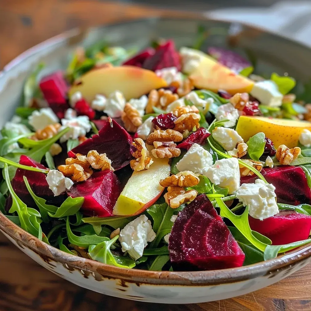 A close-up view of a vibrant Beet and Goat Cheese Arugula Salad garnished with walnuts and cranberries.