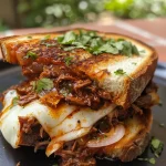 ['Close-up side view of a gooey Birria Grilled Cheese sandwich with melted cheese and beef.', 'Juicy Birria Grilled Cheese featuring layers of cheese and tender beef on sourdough bread.', 'Deliciously melted Birria Grilled Cheese sandwich, showcasing rich flavors and colorful toppings.', 'Side angle of a Birria Grilled Cheese sandwich with crispy edges and a juicy filling.']