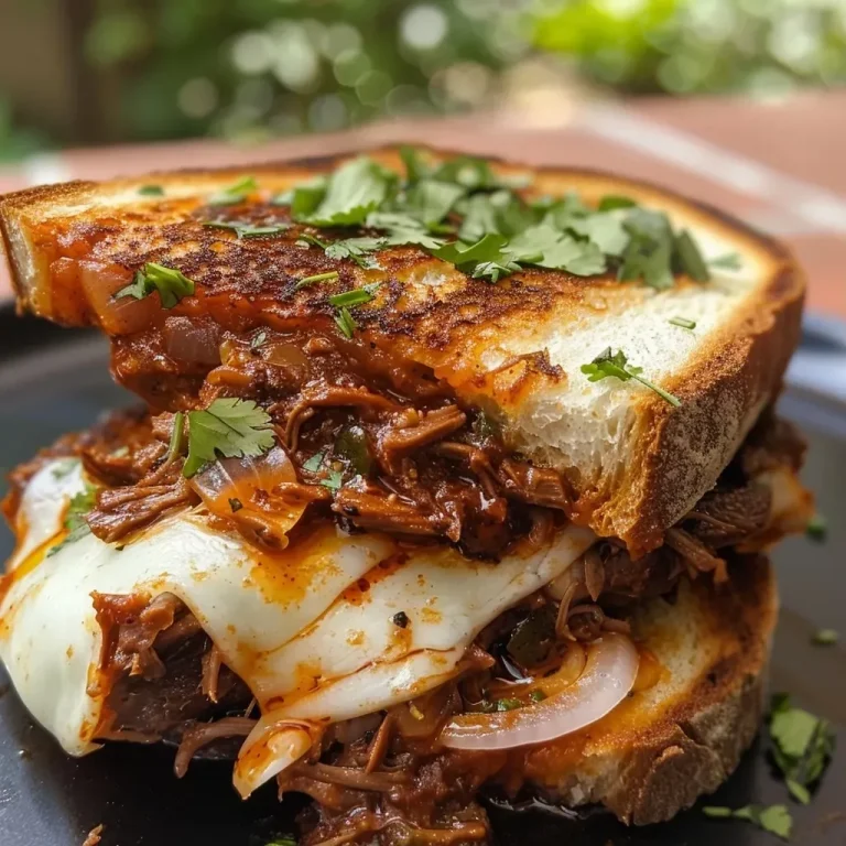 ['Close-up side view of a gooey Birria Grilled Cheese sandwich with melted cheese and beef.', 'Juicy Birria Grilled Cheese featuring layers of cheese and tender beef on sourdough bread.', 'Deliciously melted Birria Grilled Cheese sandwich, showcasing rich flavors and colorful toppings.', 'Side angle of a Birria Grilled Cheese sandwich with crispy edges and a juicy filling.']