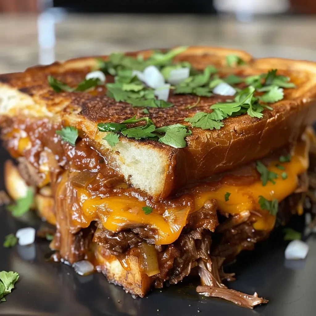 ['Close-up side view of a gooey Birria Grilled Cheese sandwich with melted cheese and beef.', 'Juicy Birria Grilled Cheese featuring layers of cheese and tender beef on sourdough bread.', 'Deliciously melted Birria Grilled Cheese sandwich, showcasing rich flavors and colorful toppings.', 'Side angle of a Birria Grilled Cheese sandwich with crispy edges and a juicy filling.']