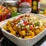 ['Close-up view of a Black Bean and Butternut Squash Casserole with layers of tortillas and melted cheese.', 'Side view of a colorful casserole featuring black beans, butternut squash, and vibrant bell peppers.', 'Savory Black Bean and Butternut Squash Casserole with visible layers of cheese and vegetables.', 'Detailed shot of a hearty casserole dish showcasing cubed butternut squash and topped with shredded mozzarella.']