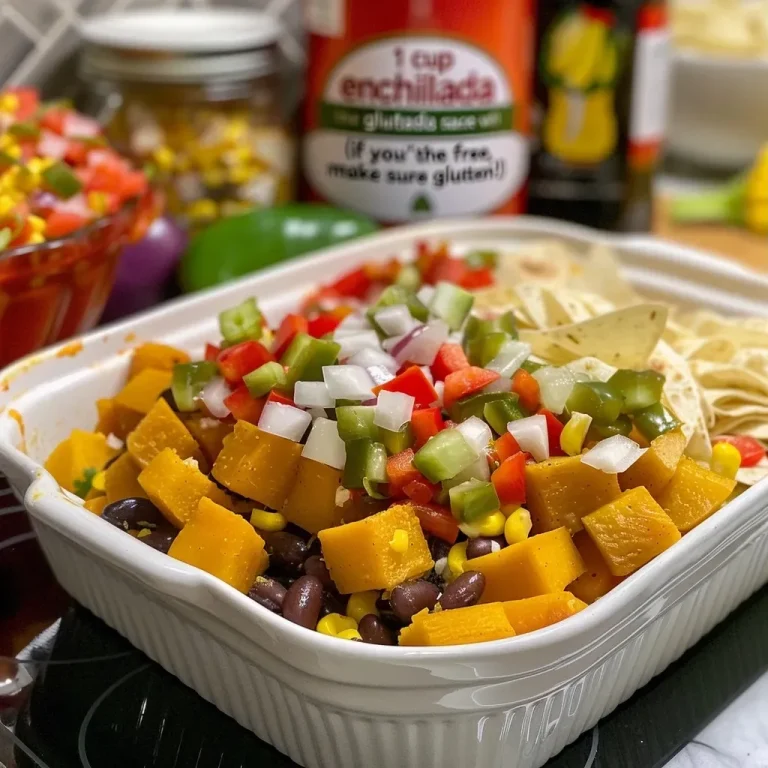 ['Close-up view of a Black Bean and Butternut Squash Casserole with layers of tortillas and melted cheese.', 'Side view of a colorful casserole featuring black beans, butternut squash, and vibrant bell peppers.', 'Savory Black Bean and Butternut Squash Casserole with visible layers of cheese and vegetables.', 'Detailed shot of a hearty casserole dish showcasing cubed butternut squash and topped with shredded mozzarella.']