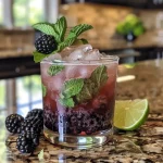 ['Close-up view of Blackberry Bourbon Smash cocktail in a glass.', 'Side profile of a refreshing Blackberry Bourbon Smash with ice and mint.', 'Detailed shot of a Blackberry Bourbon Smash garnished with mint and blackberries.', 'Glass of Blackberry Bourbon Smash featuring rich colors and ice cubes.']