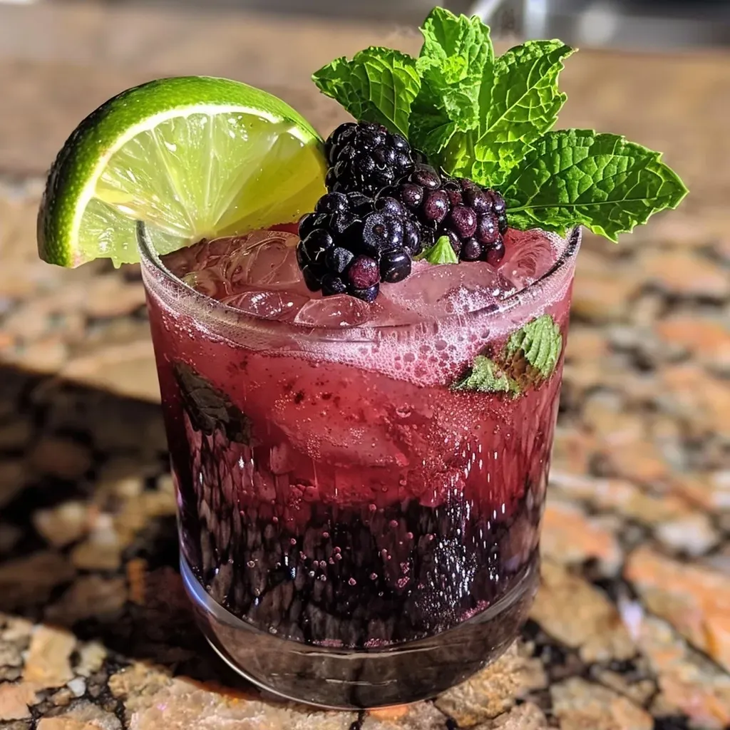 ['Close-up view of Blackberry Bourbon Smash cocktail in a glass.', 'Side profile of a refreshing Blackberry Bourbon Smash with ice and mint.', 'Detailed shot of a Blackberry Bourbon Smash garnished with mint and blackberries.', 'Glass of Blackberry Bourbon Smash featuring rich colors and ice cubes.']