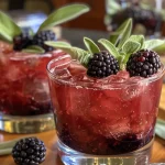 ['Close-up view of a Blackberry Sage Smash cocktail, highlighting fresh blackberries and sage leaves.', 'Side perspective of a Blackberry Sage Smash drink with vibrant blackberries and green sage.', 'Detailed close-up of a Blackberry Sage Smash, displaying juicy blackberries and sage garnish.', 'Inviting image of a Blackberry Sage Smash from the side, showcasing the berries and herbs.']