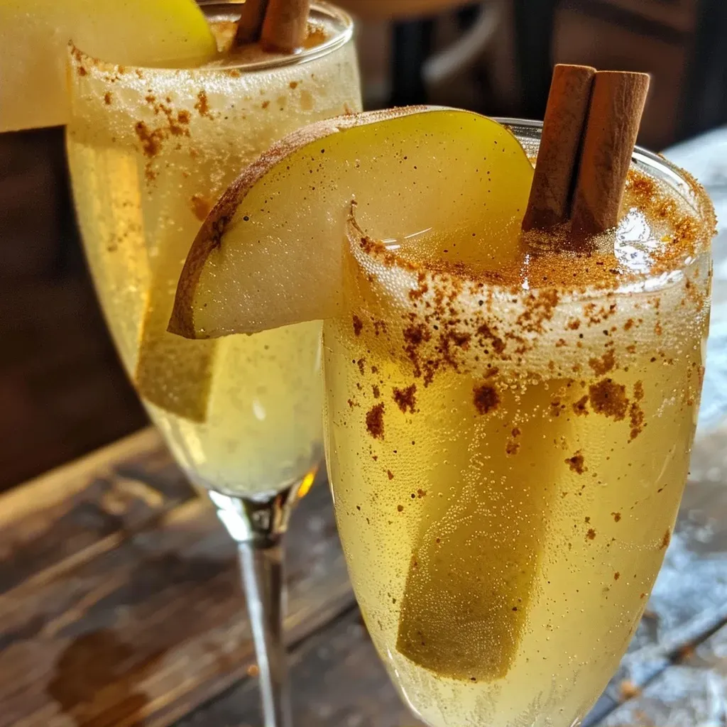 ['Close-up shot of a Bling Bling Pear Bellini with pear slices and a cinnamon stick garnish.', 'Side view of a refreshing Bling Bling Pear Bellini in a glass, showcasing fruit and spices.', 'Detailed view of a Bling Bling Pear Bellini cocktail, featuring pear juice and garnishes.', 'Artistic presentation of a Pear Bellini with a vibrant color and garnishing elements.']