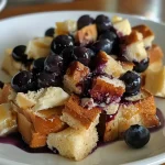 ['A close-up side view of a blueberry French toast casserole topped with blueberries.', 'Juicy blueberry French toast casserole in a baking dish with a golden-brown top.', 'Side angle shot of a creamy blueberry French toast casserole with a sprinkle of cinnamon.', 'A vibrant blueberry French toast casserole featuring fresh blueberries and a fluffy texture.']
