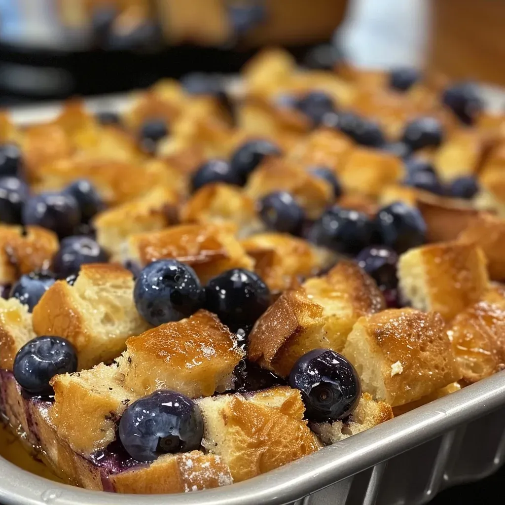 ['A close-up side view of a blueberry French toast casserole topped with blueberries.', 'Juicy blueberry French toast casserole in a baking dish with a golden-brown top.', 'Side angle shot of a creamy blueberry French toast casserole with a sprinkle of cinnamon.', 'A vibrant blueberry French toast casserole featuring fresh blueberries and a fluffy texture.']